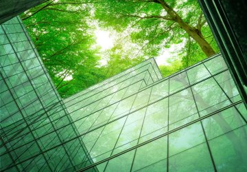 Glass building with trees on the background
