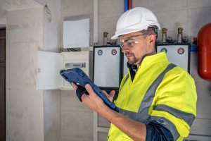 Electrical technician working on tablet