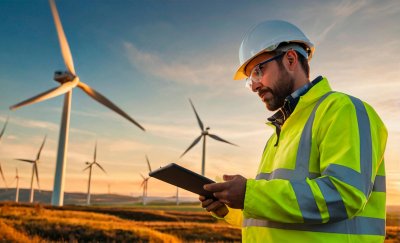 Field service worker inspecting a wind farm.