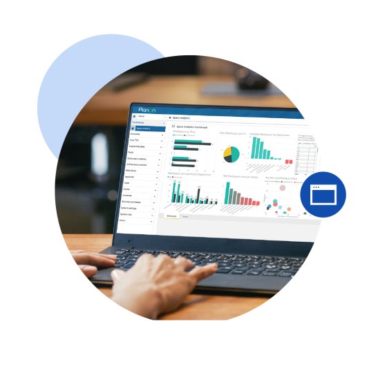 Round elements around a screenshot of the Planon Software on space analytics.