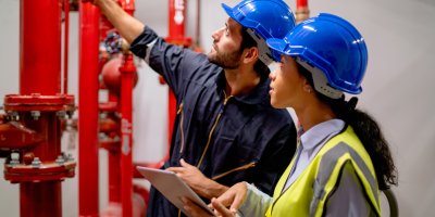 Two maintenance engineers looking at red pipes and valves.
