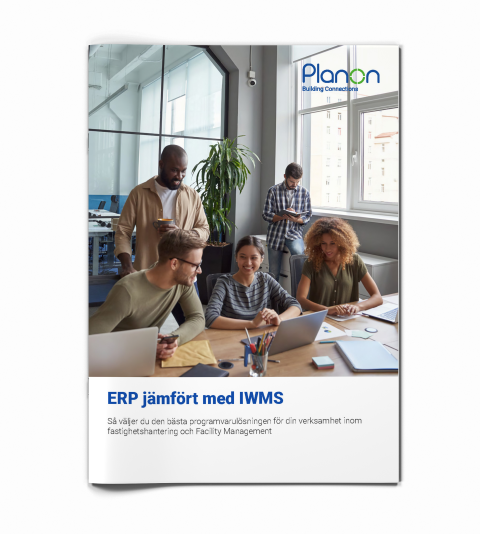 Mockup of the title of Planon's e-book ' ERP versus IWMS' in Swedish.