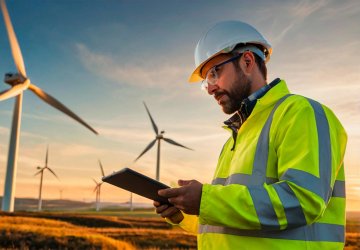Field service worker inspecting a wind farm.