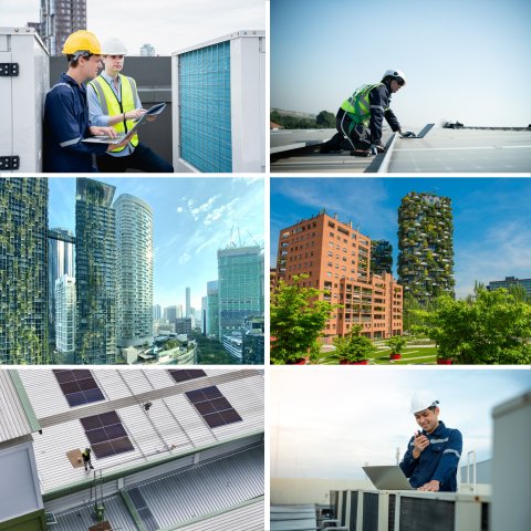 Field workers performing maintenance on solar panels and cooling systems on smart green buildings