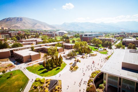 Birds eye view of a green high school campus.