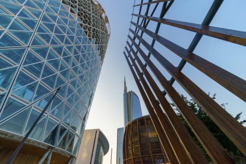 Contemporary buildings at Gae Aulenti Square, Milan, highlighting innovative urban design.