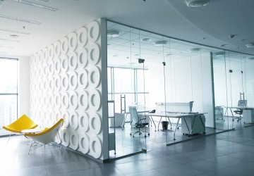 Sleek white office design.