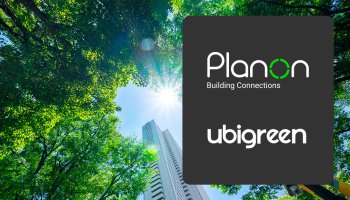 Green buildings and logos of Planon and Ubigreen