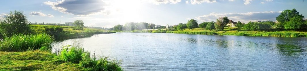 Beautiful river landscape with sun shining over grassy banks and clear water.