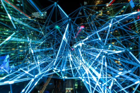 Futuristic photo with bright blue lights.