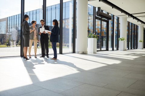 Business people having a group discussion about IWMS.