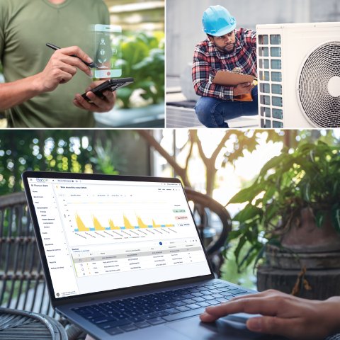Overview of energy saving results and a field worker deploying maintenance at HVAC unit.