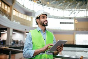 Engineer working on tablet by building inspection