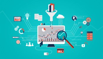 Overview of digital icons like laptop, charts and other data related icons