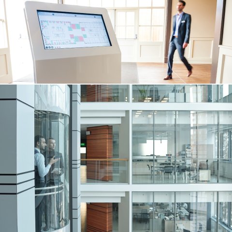 Facility manager in elevator and a booking kiosk showing occupancy for meeting rooms and workplaces