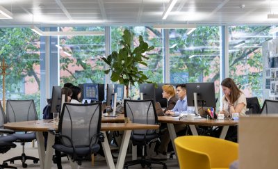 Open office with employees working at desks, large windows, and greenery visible outside.