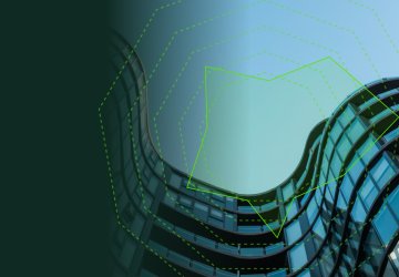 Graphic of modern building and vectors of a graph