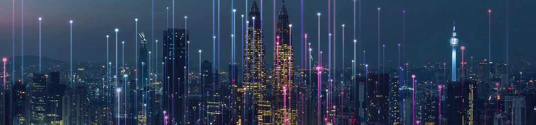 Colorful neon city downtown with data connection streams