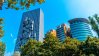 High modern buildings with trees.