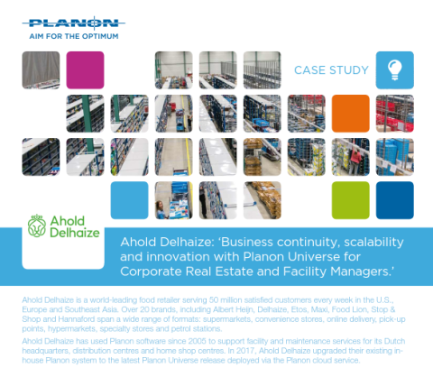 Illustration with a quote from Ahold Delhaize about Planon offering business continuity, scalability and innovation.