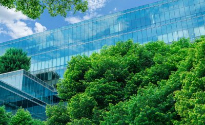 Buildings with many windows next to green trees.