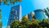 High modern buildings with trees.