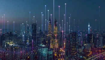 Colorful neon city downtown with data connection streams