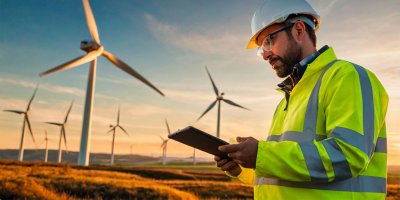 Field service worker inspecting a wind farm.