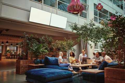 People having a meeting in a greenhouse