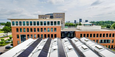 Rooftop with office buildings in the background.