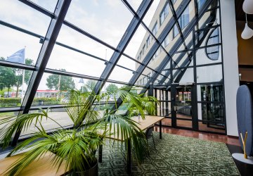 Inside view of office building with plants.