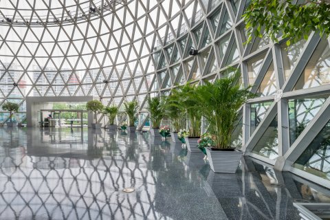 A dome building with glass windows and roof and green plants around.