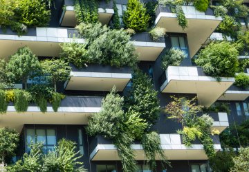 Trees and plants growing on balconies of a building as a green facade or vertical garden.