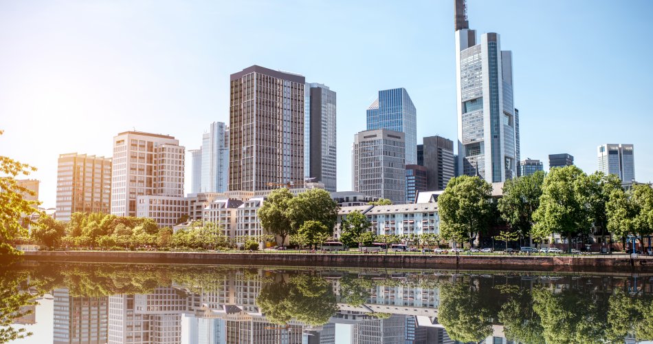 Smart buildings in the city of Frankfurt with a Lensflare