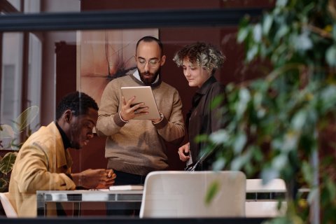 Three businesspeople in a stylish office with plants.