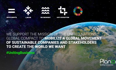 Banner of Planon supporting the mission of the United Nations Global Compact