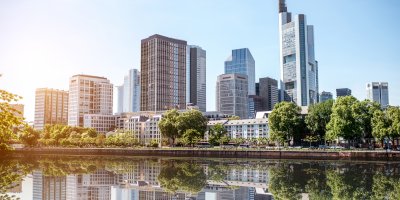 Smart buildings in the city of Frankfurt with a Lensflare
