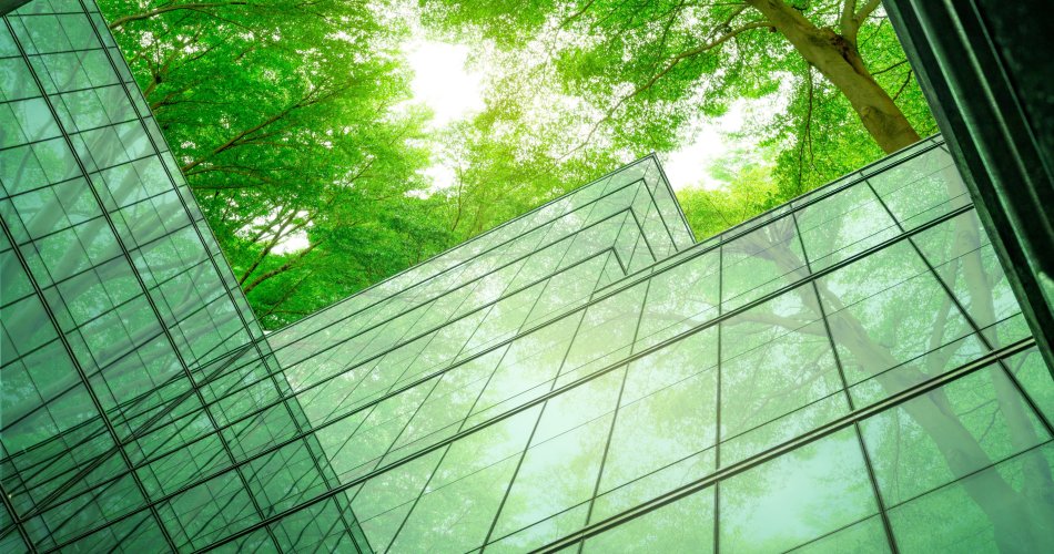 Glass building with trees on the background