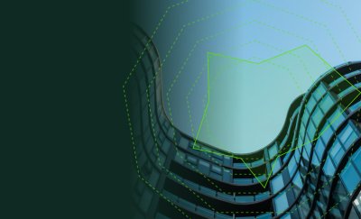 Graphic of modern building and vectors of a graph