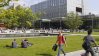 Lawn in front of a university with people relaxing in the sun.