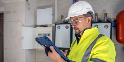 Electrical technician working on tablet