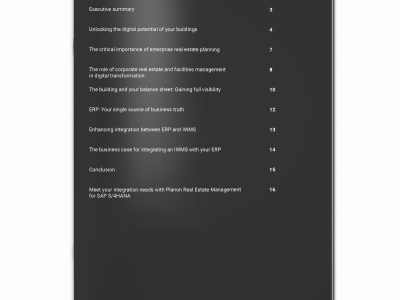 Table of contents of the e-book about integrating your ERP system with your real estate solution.