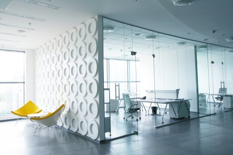 Sleek white office design.