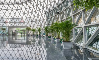 Interior view of a building with a glass structure.