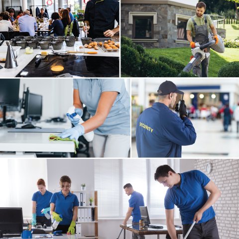 Security, cleaning, catering and landscaping services delivered by soft fm service workers
