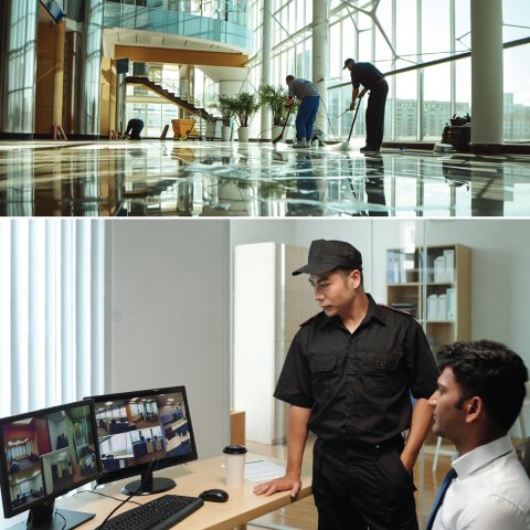 Security service personnel looking at a screen and heavy cleaning services performed by cleaners