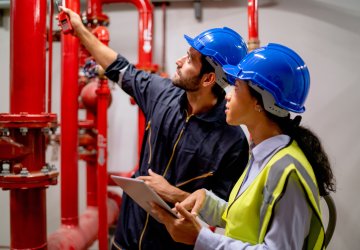 Two maintenance engineers looking at red pipes and valves.