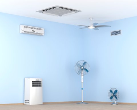 Airconditioning and electric fans in room.