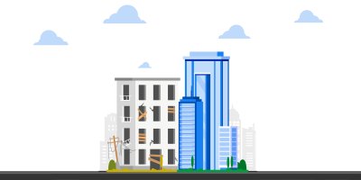 Graphic of modern building in blue