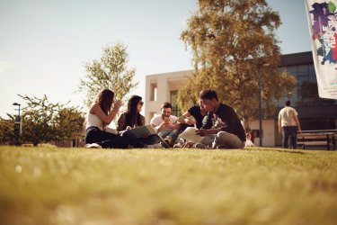 Group of students enjoying free time on a university campus